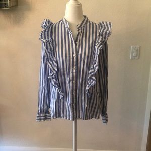 Blue and white stripped ruffle sleeve blouse